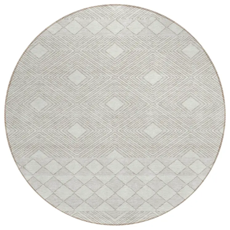 8' Ivory And Gray Round Geometric Washable Indoor Outdoor Area Rug