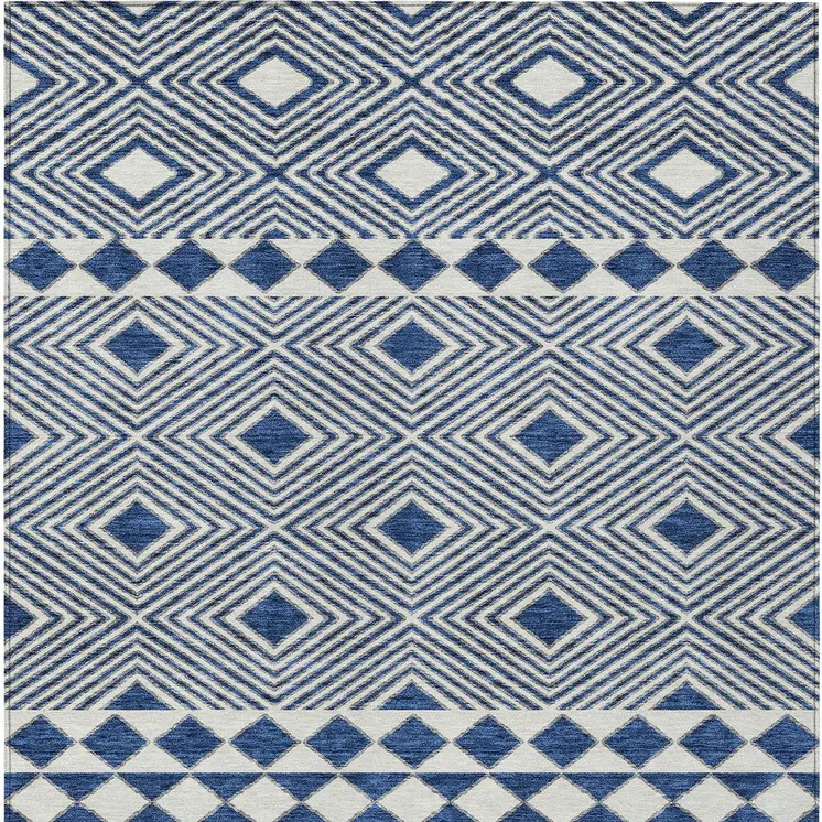 3' X 5' Navy Blue And Ivory Geometric Washable Indoor Outdoor Area Rug