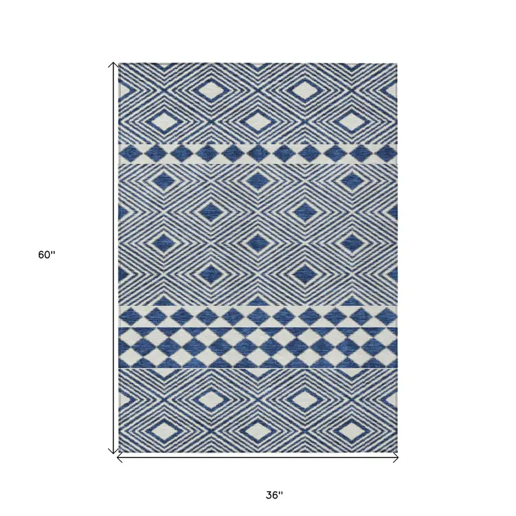 3' X 5' Navy Blue And Ivory Geometric Washable Indoor Outdoor Area Rug