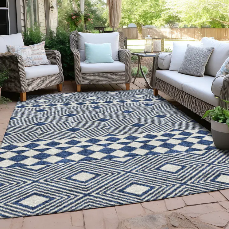 3' X 5' Navy Blue And Ivory Geometric Washable Indoor Outdoor Area Rug