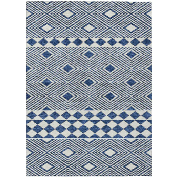3' X 5' Navy Blue And Ivory Geometric Washable Indoor Outdoor Area Rug