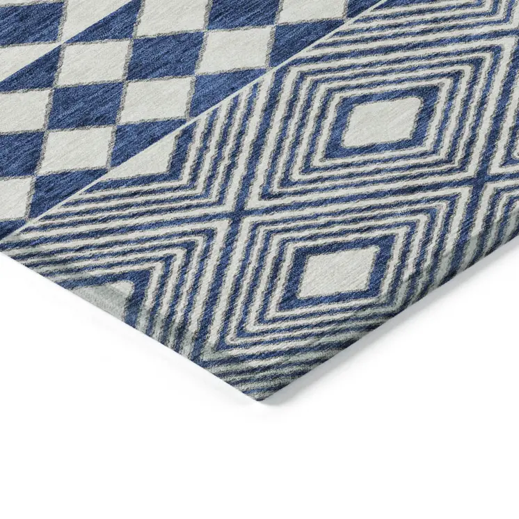 3' X 5' Navy Blue And Ivory Geometric Washable Indoor Outdoor Area Rug