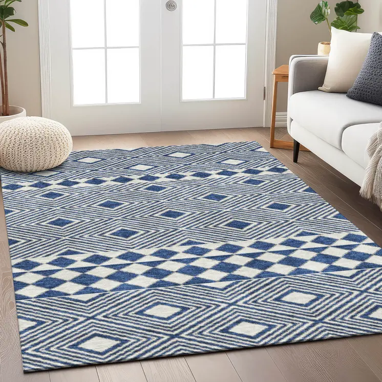 3' X 5' Navy Blue And Ivory Geometric Washable Indoor Outdoor Area Rug