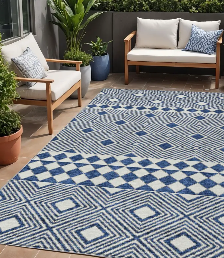 5' X 8' Navy Blue And Ivory Geometric Washable Indoor Outdoor Area Rug