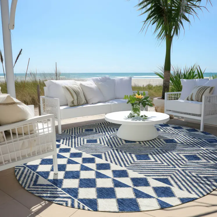 8' Navy Blue And Ivory Round Geometric Washable Indoor Outdoor Area Rug