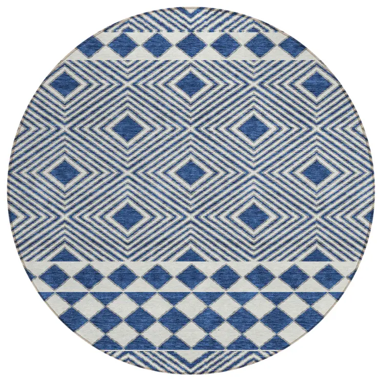 8' Navy Blue And Ivory Round Geometric Washable Indoor Outdoor Area Rug