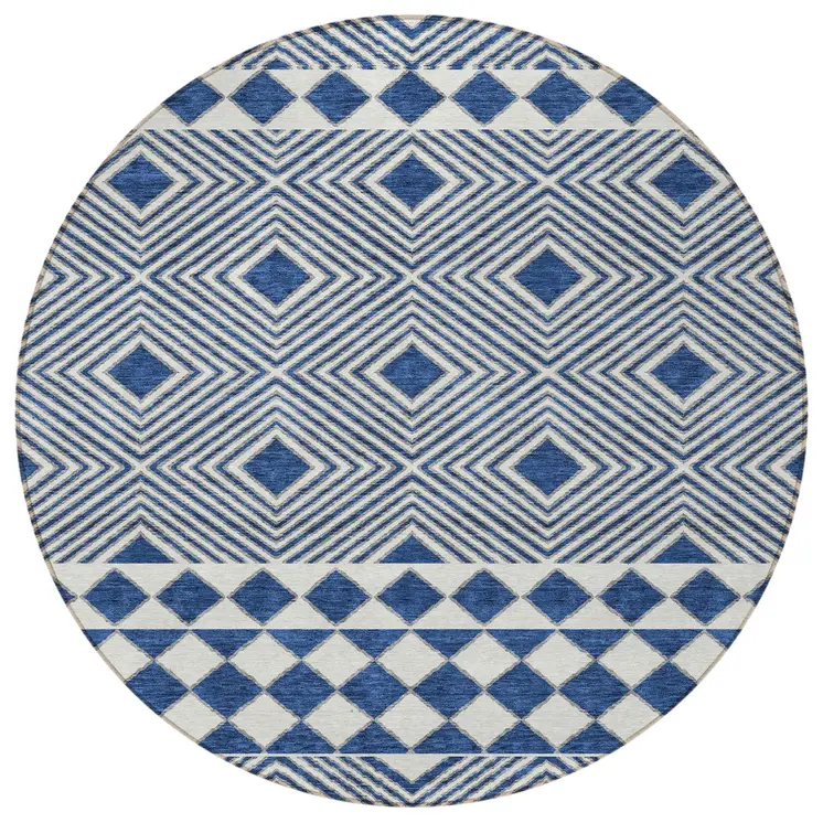 8' Navy Blue And Ivory Round Geometric Washable Indoor Outdoor Area Rug