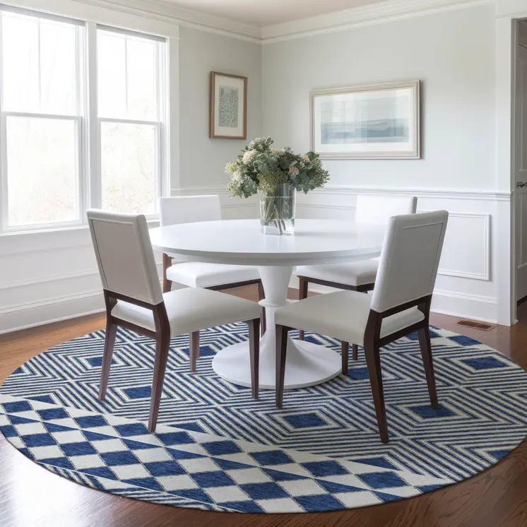 8' Navy Blue And Ivory Round Geometric Washable Indoor Outdoor Area Rug