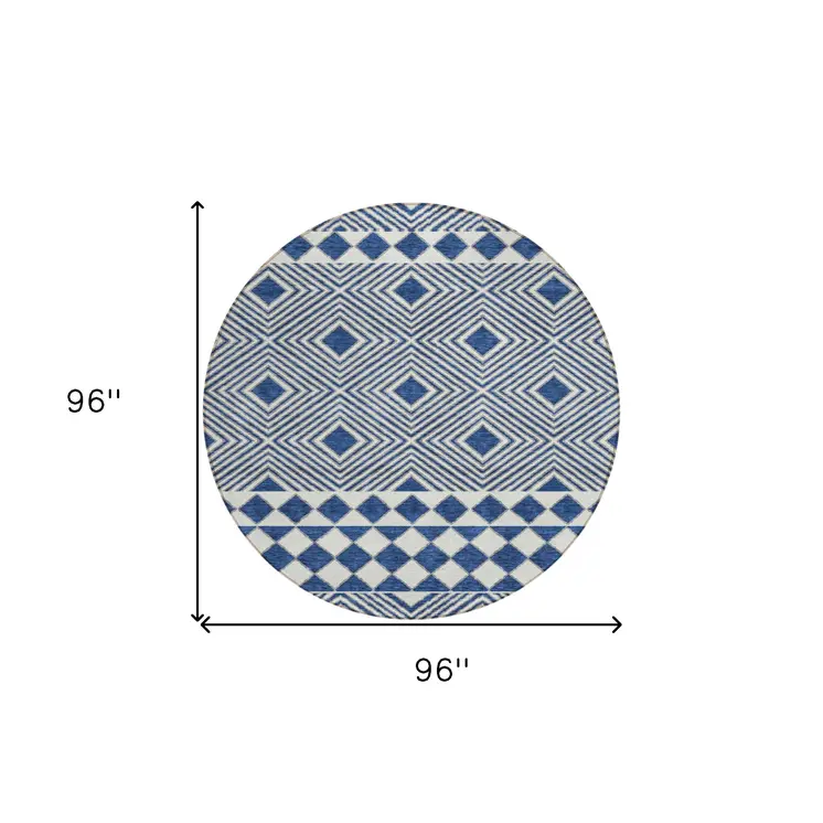 8' Navy Blue And Ivory Round Geometric Washable Indoor Outdoor Area Rug
