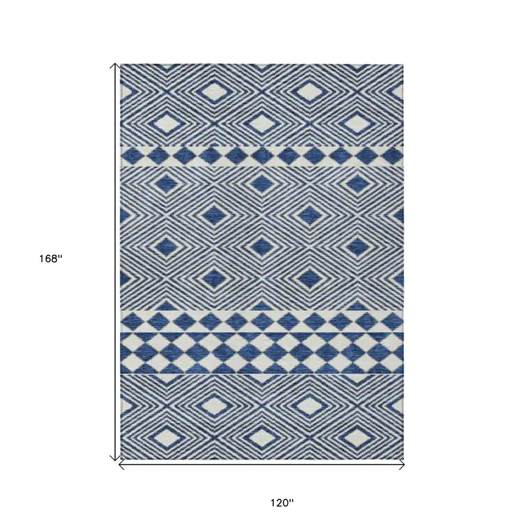 10' X 14' Navy Blue And Ivory Geometric Washable Indoor Outdoor Area Rug