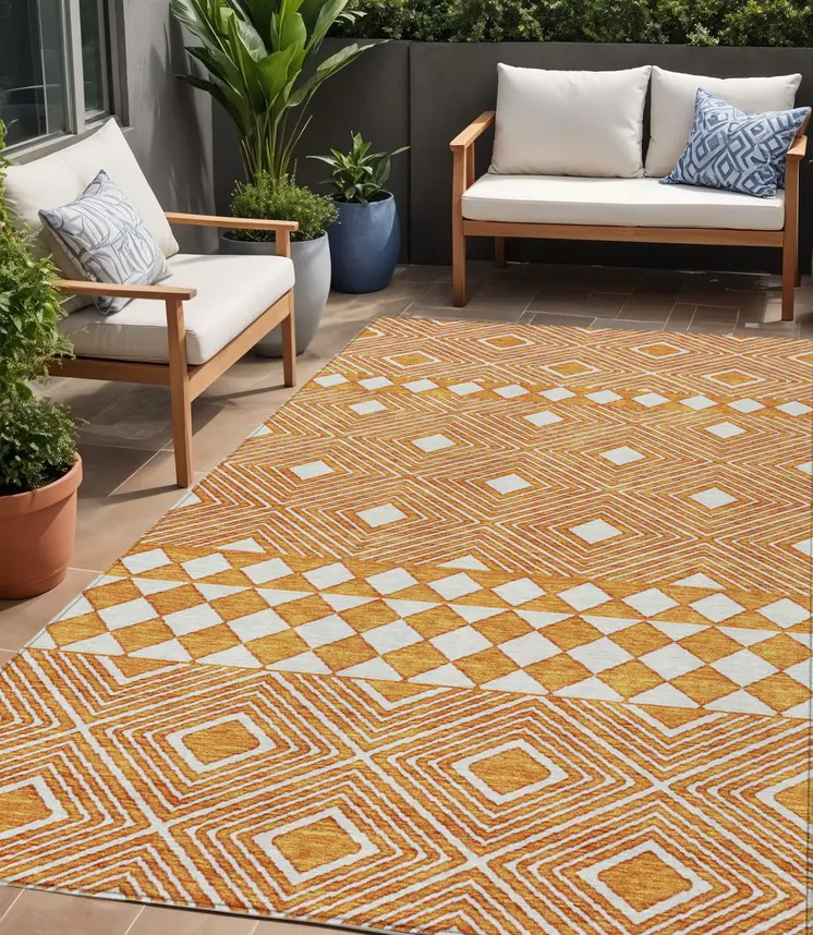 5' X 8' Orange And Ivory Geometric Washable Indoor Outdoor Area Rug