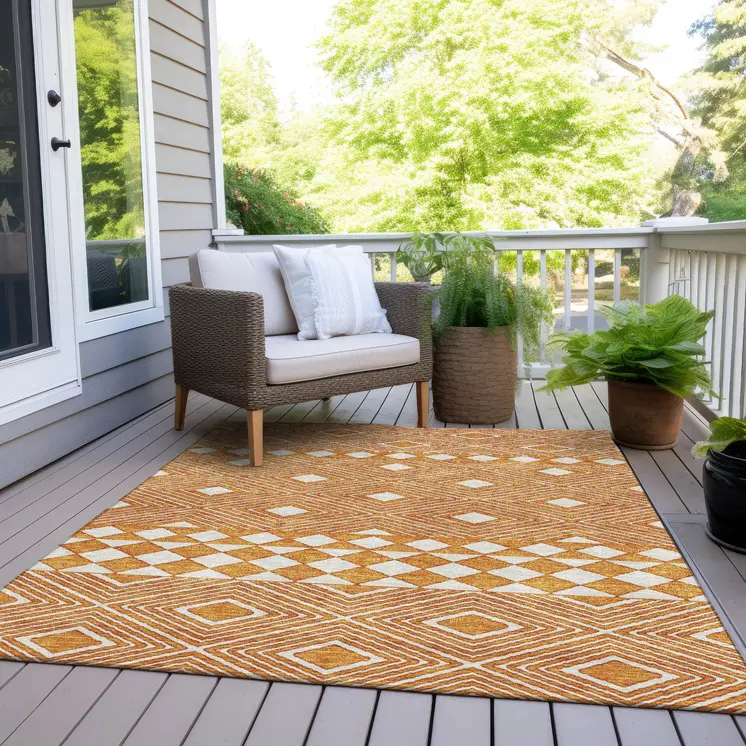 5' X 8' Orange And Ivory Geometric Washable Indoor Outdoor Area Rug