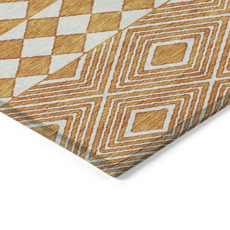 5' X 8' Orange And Ivory Geometric Washable Indoor Outdoor Area Rug
