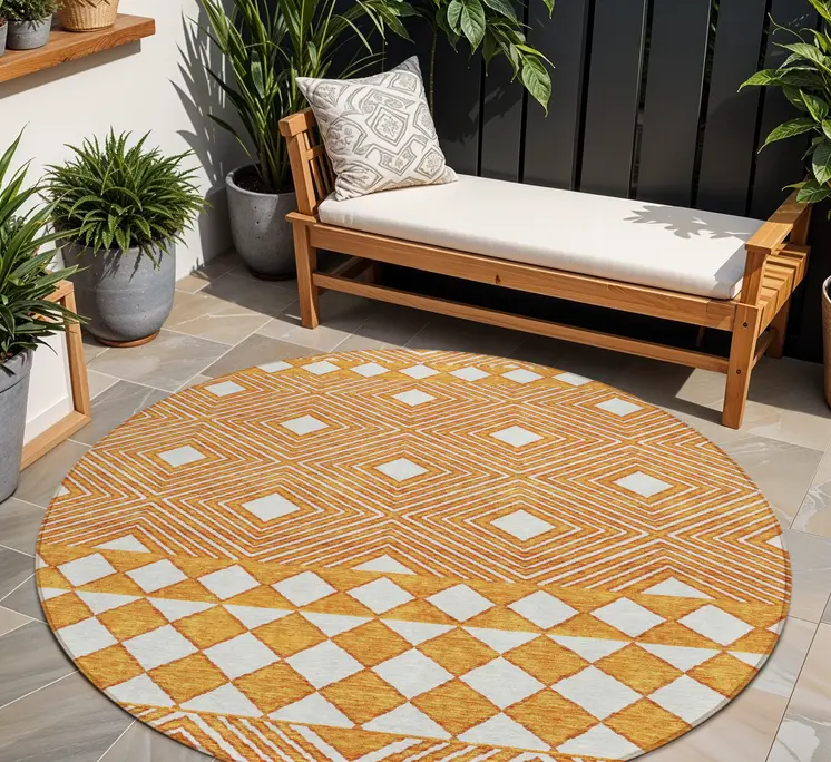 8' Orange And Ivory Round Geometric Washable Indoor Outdoor Area Rug