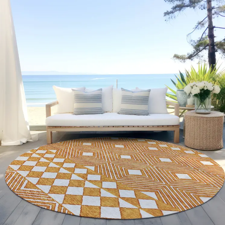 8' Orange And Ivory Round Geometric Washable Indoor Outdoor Area Rug