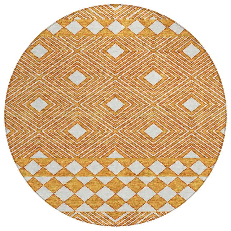 8' Orange And Ivory Round Geometric Washable Indoor Outdoor Area Rug