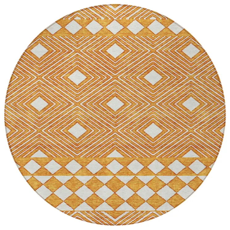 8' Orange And Ivory Round Geometric Washable Indoor Outdoor Area Rug