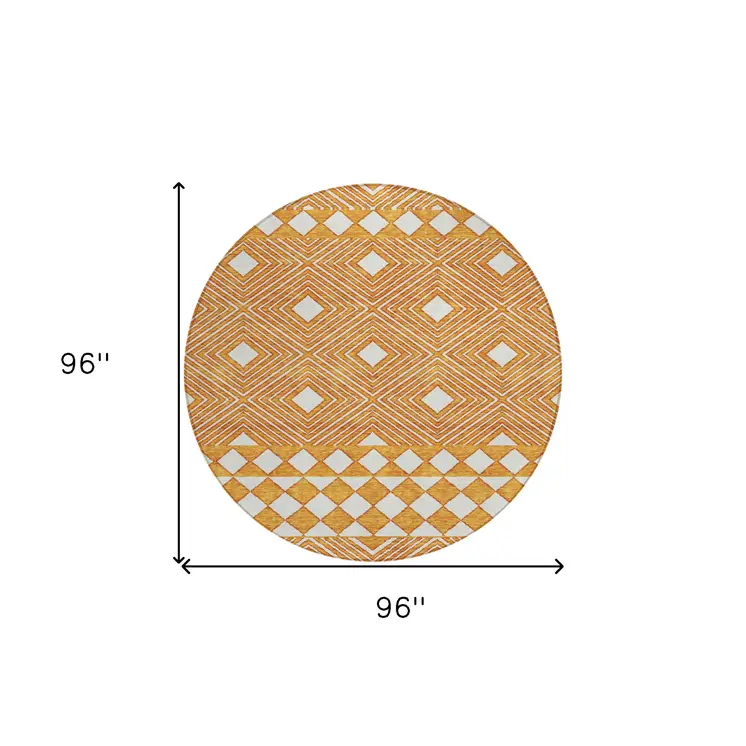8' Orange And Ivory Round Geometric Washable Indoor Outdoor Area Rug