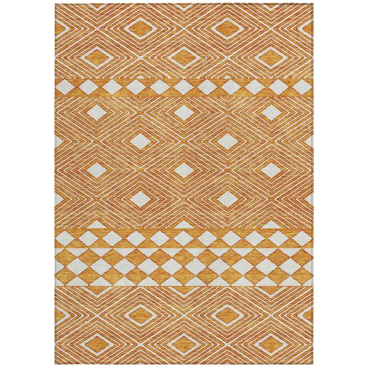8' X 10' Orange And Ivory Geometric Washable Indoor Outdoor Area Rug