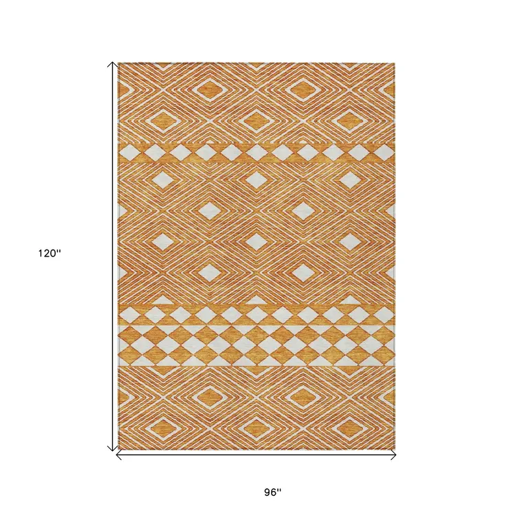 8' X 10' Orange And Ivory Geometric Washable Indoor Outdoor Area Rug