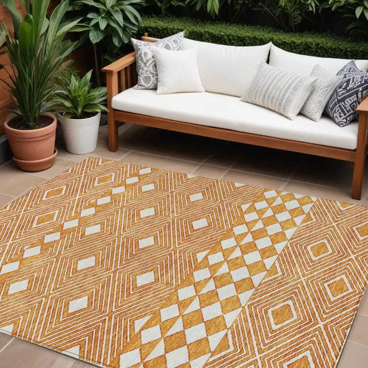 8' X 10' Orange And Ivory Geometric Washable Indoor Outdoor Area Rug
