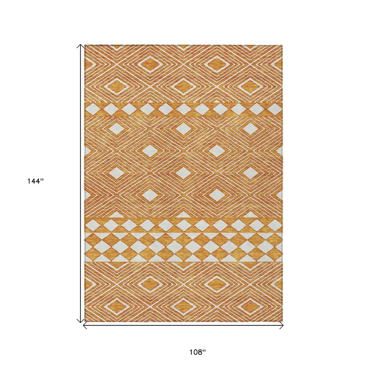 9' X 12' Orange And Ivory Geometric Washable Indoor Outdoor Area Rug