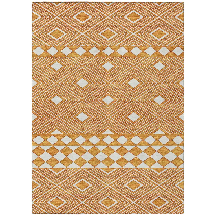 10' X 14' Orange And Ivory Geometric Washable Indoor Outdoor Area Rug