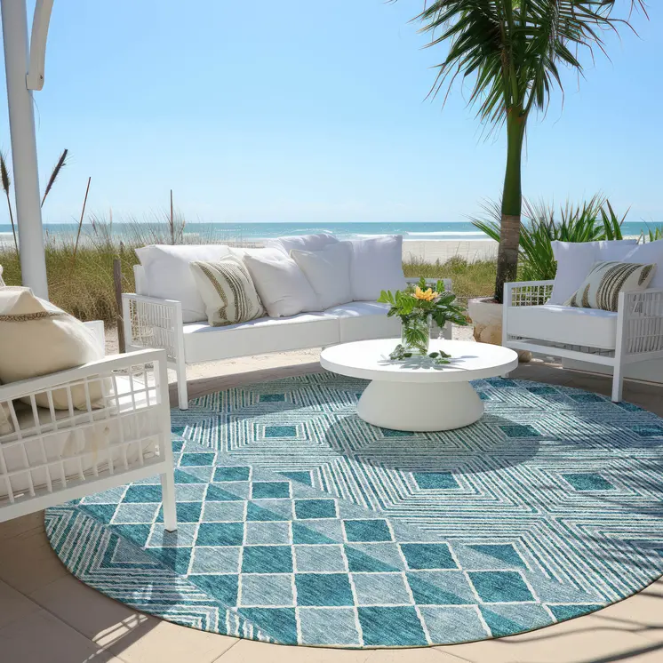 8' Teal Blue And Aqua Round Geometric Washable Indoor Outdoor Area Rug