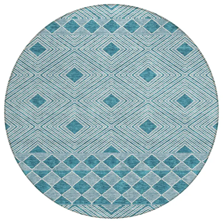 8' Teal Blue And Aqua Round Geometric Washable Indoor Outdoor Area Rug