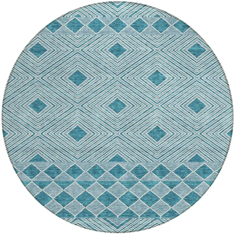8' Teal Blue And Aqua Round Geometric Washable Indoor Outdoor Area Rug