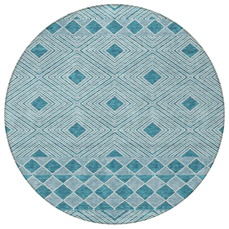 8' Teal Blue And Aqua Round Geometric Washable Indoor Outdoor Area Rug