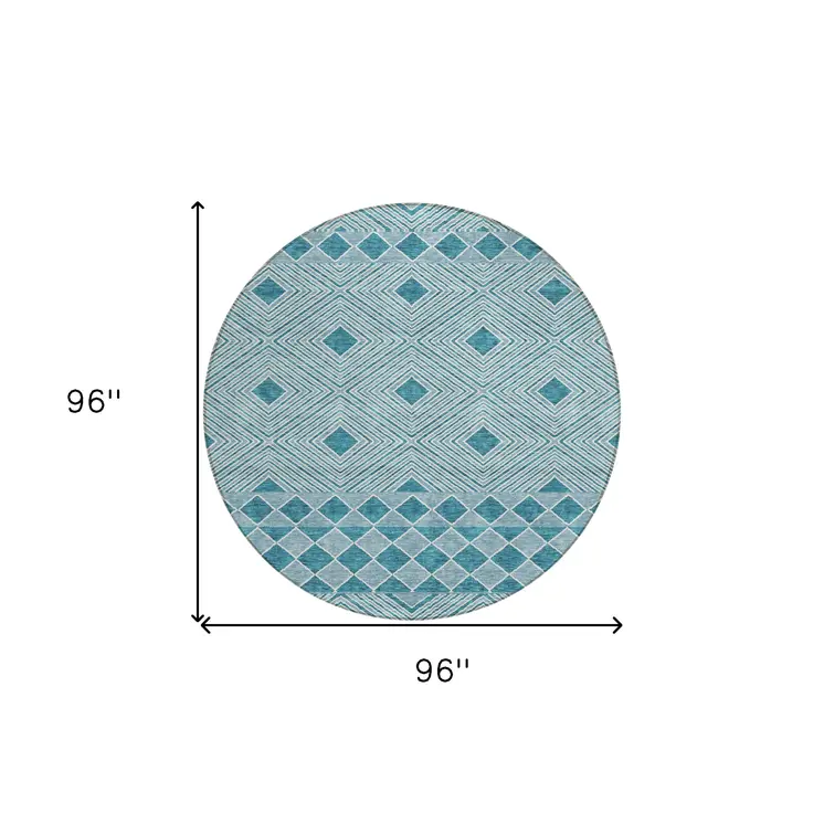 8' Teal Blue And Aqua Round Geometric Washable Indoor Outdoor Area Rug