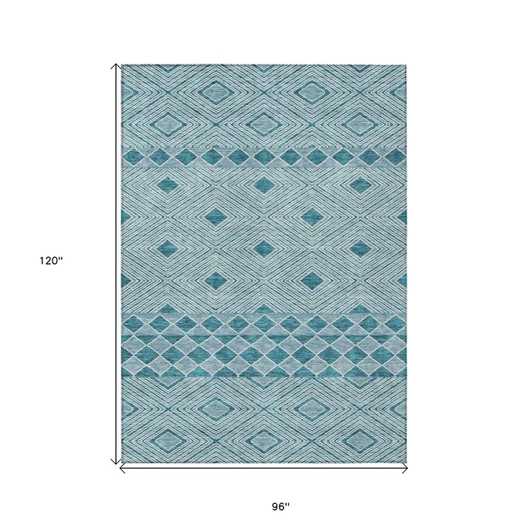 8' X 10' Teal Blue And Aqua Geometric Washable Indoor Outdoor Area Rug