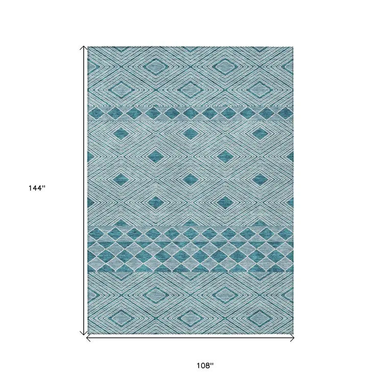 9' X 12' Teal Blue And Aqua Geometric Washable Indoor Outdoor Area Rug