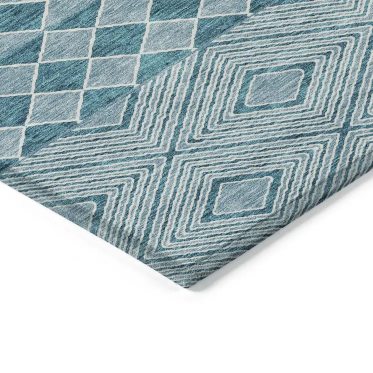 9' X 12' Teal Blue And Aqua Geometric Washable Indoor Outdoor Area Rug