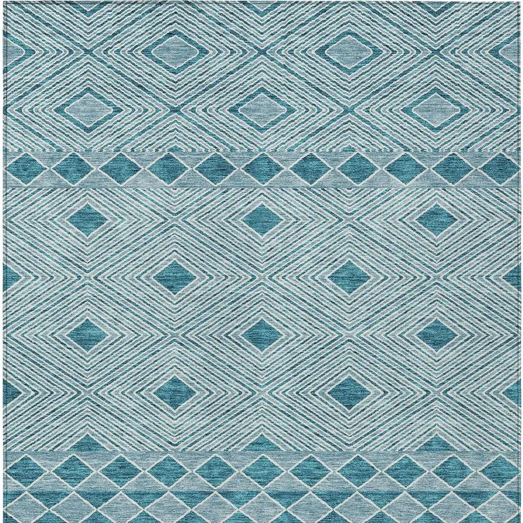 10' X 14' Teal Blue And Aqua Geometric Washable Indoor Outdoor Area Rug