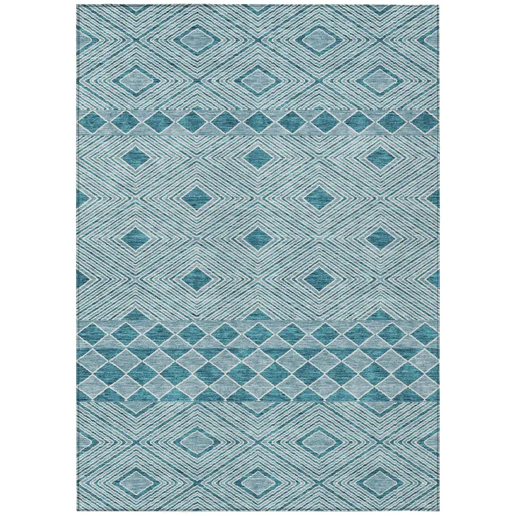 10' X 14' Teal Blue And Aqua Geometric Washable Indoor Outdoor Area Rug