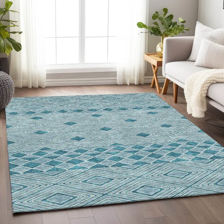 10' X 14' Teal Blue And Aqua Geometric Washable Indoor Outdoor Area Rug