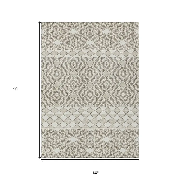 5' X 8' Taupe And Ivory Geometric Washable Indoor Outdoor Area Rug
