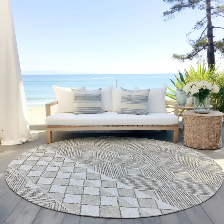 8' Taupe And Ivory Round Geometric Washable Indoor Outdoor Area Rug