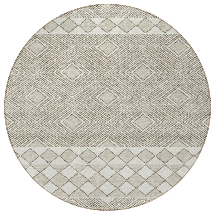 8' Taupe And Ivory Round Geometric Washable Indoor Outdoor Area Rug