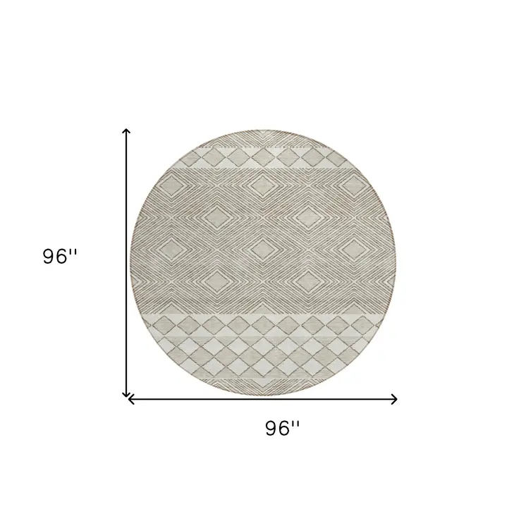 8' Taupe And Ivory Round Geometric Washable Indoor Outdoor Area Rug