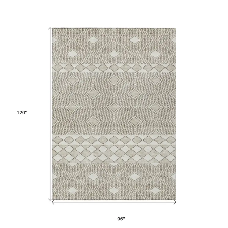 8' X 10' Taupe And Ivory Geometric Washable Indoor Outdoor Area Rug