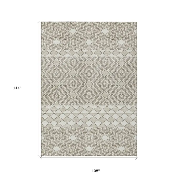 9' X 12' Taupe And Ivory Geometric Washable Indoor Outdoor Area Rug