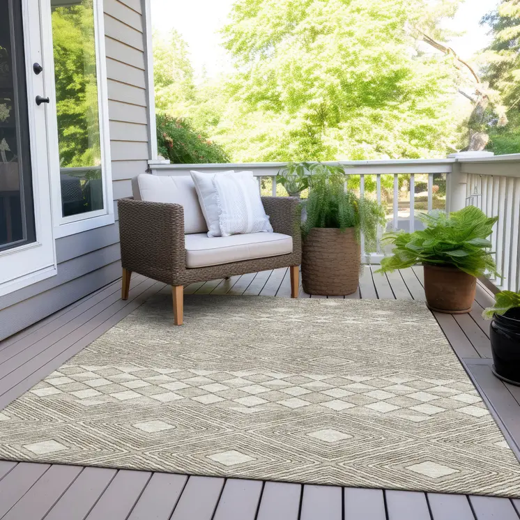 9' X 12' Taupe And Ivory Geometric Washable Indoor Outdoor Area Rug