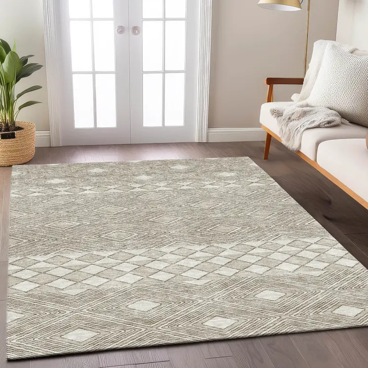 9' X 12' Taupe And Ivory Geometric Washable Indoor Outdoor Area Rug