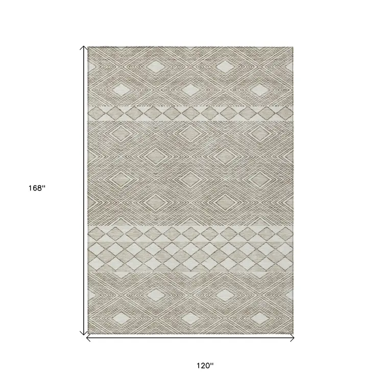 10' X 14' Taupe And Ivory Geometric Washable Indoor Outdoor Area Rug