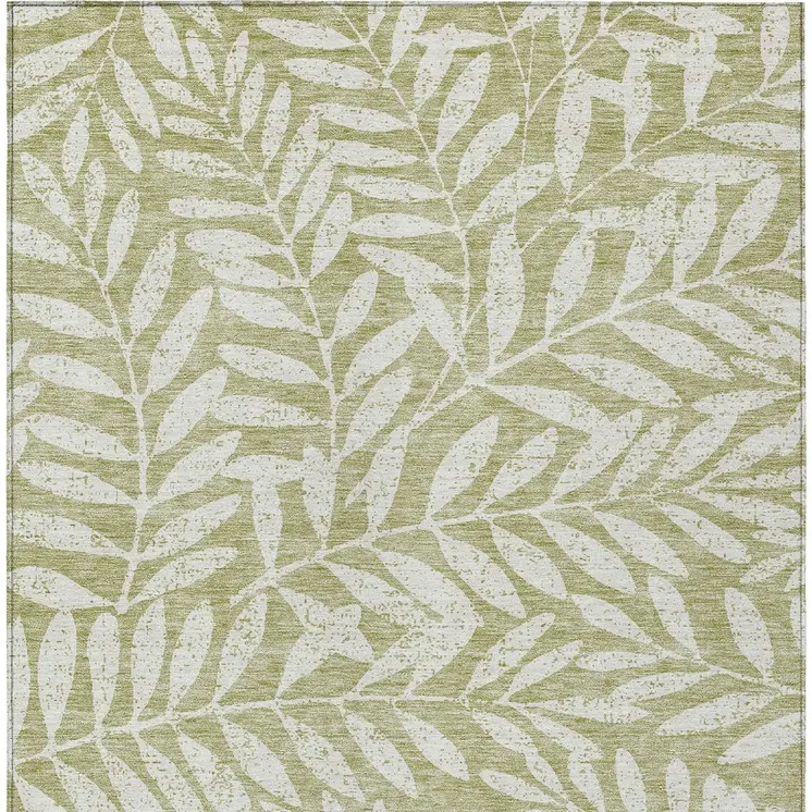 5' X 8' Artichoke Green And Ivory Floral Washable Indoor Outdoor Area Rug