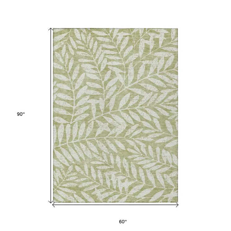 5' X 8' Artichoke Green And Ivory Floral Washable Indoor Outdoor Area Rug