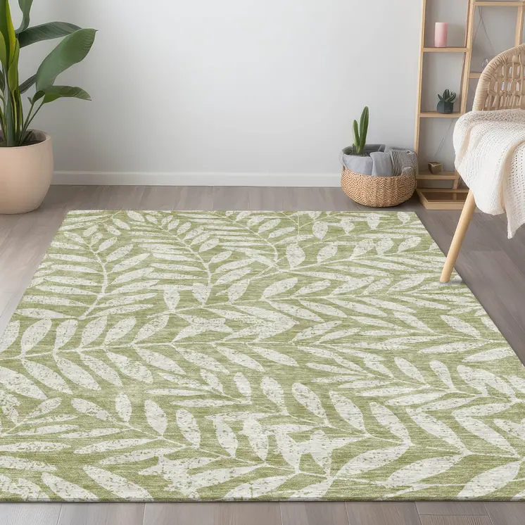 5' X 8' Artichoke Green And Ivory Floral Washable Indoor Outdoor Area Rug